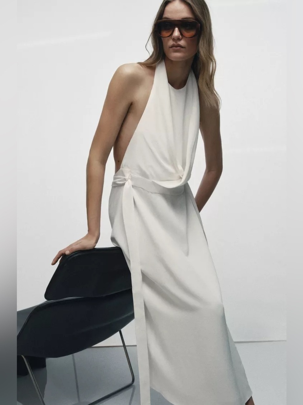 Zara White Backless Halter Midi Dress. POP